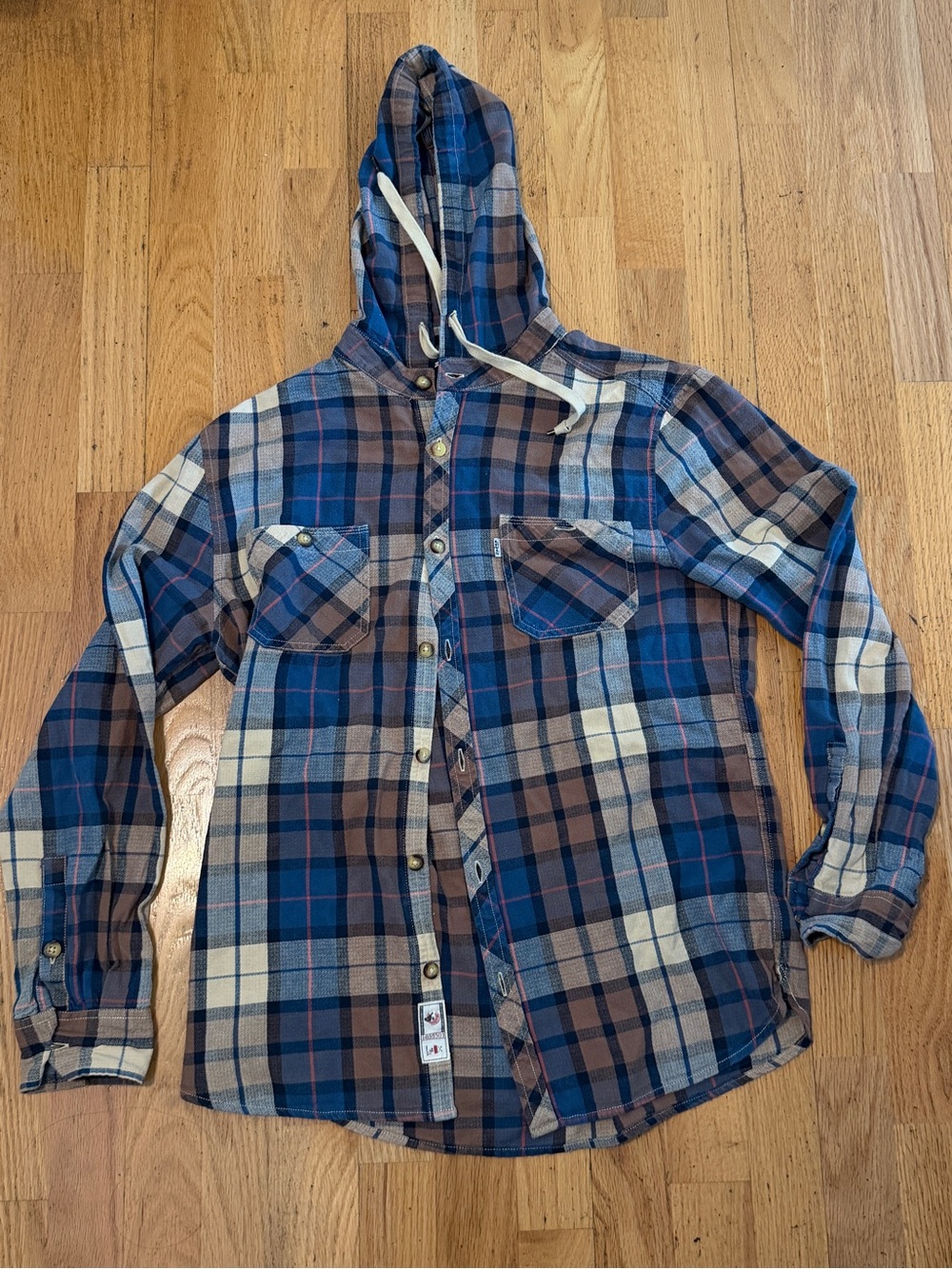 Levi's Men's M Blue Brown Beige Plaid Cotton Flannel Hooded Button-Up Pockets